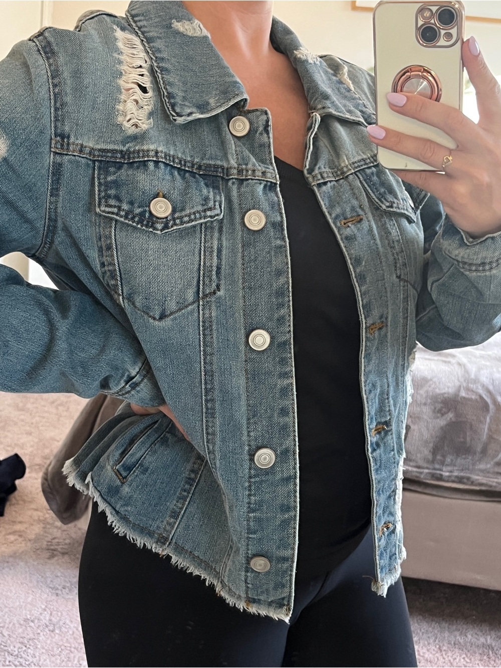 Distressed Blue Denim Jacket - Women's Casual